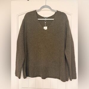 Eileen Fisher V-Neck Olive Organic Cotton & Cashmere Sweater Size Large